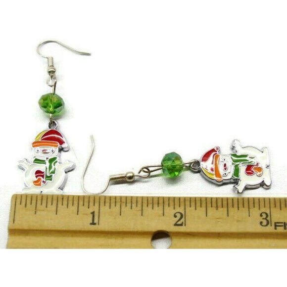 Vertical Drop Dangle Hook Earrings Womans Snowman Green Bead Winter Silver Tone - Picture 3 of 7